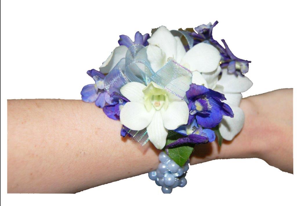 Blue Delphinium White Orchid Wrist Corsage Cbcpas03 Flower Patch