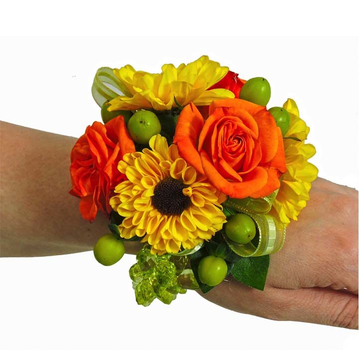 Roses & Mini Sunflower Wrist Corsage (CBCCIT02) - Flower Patch White And Baby Blue Corsage